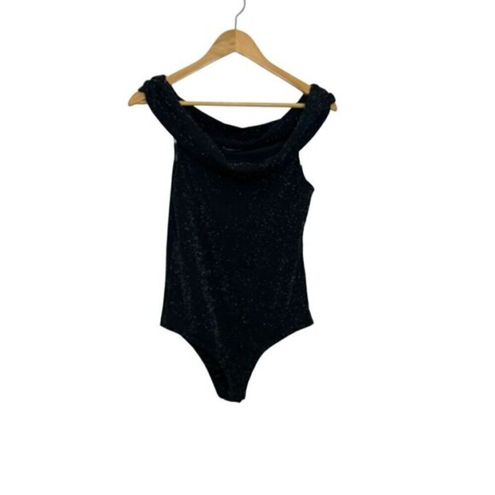 Gilli Women's Metallic Off-Shoulder Stretch Body Suit Black Silver Medium USA